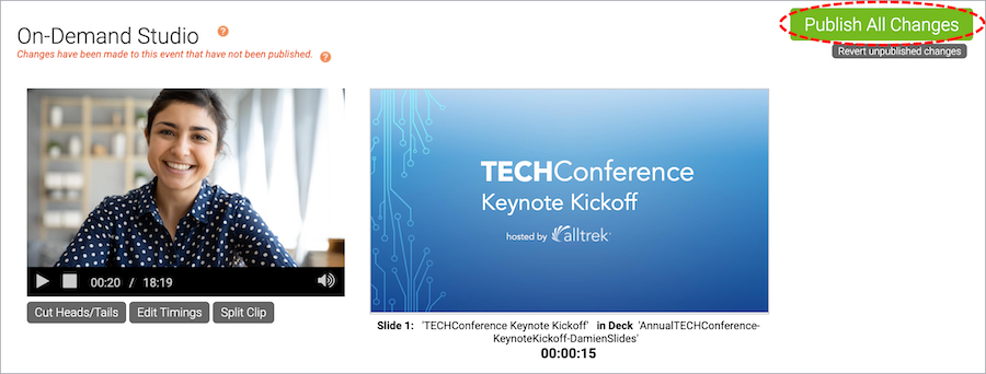 On-Demand Studio shows the Video and Slides Player with Publish All Changes option circled