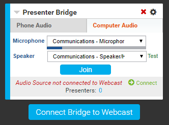 Phone Bridge section shows Computer Audio tab and camera and microphone selected