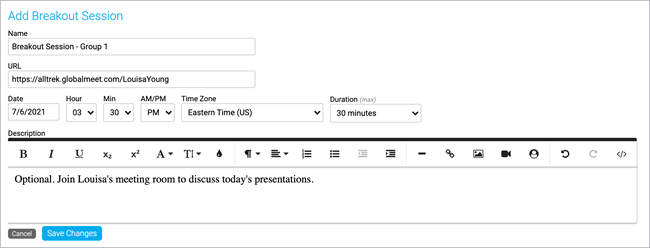 Add Breakout Session interface and fields