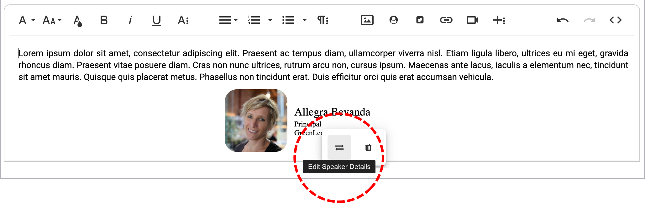 Text editor with Edit Speaker Details option