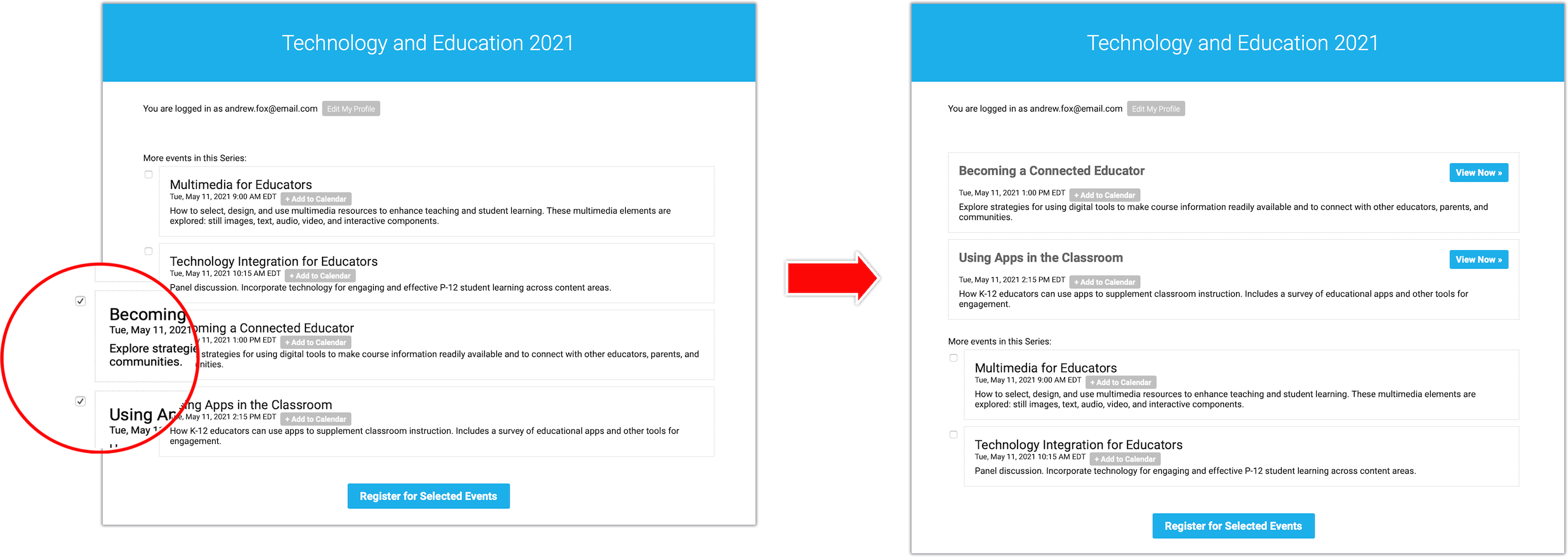 Portal with registration checkboxes